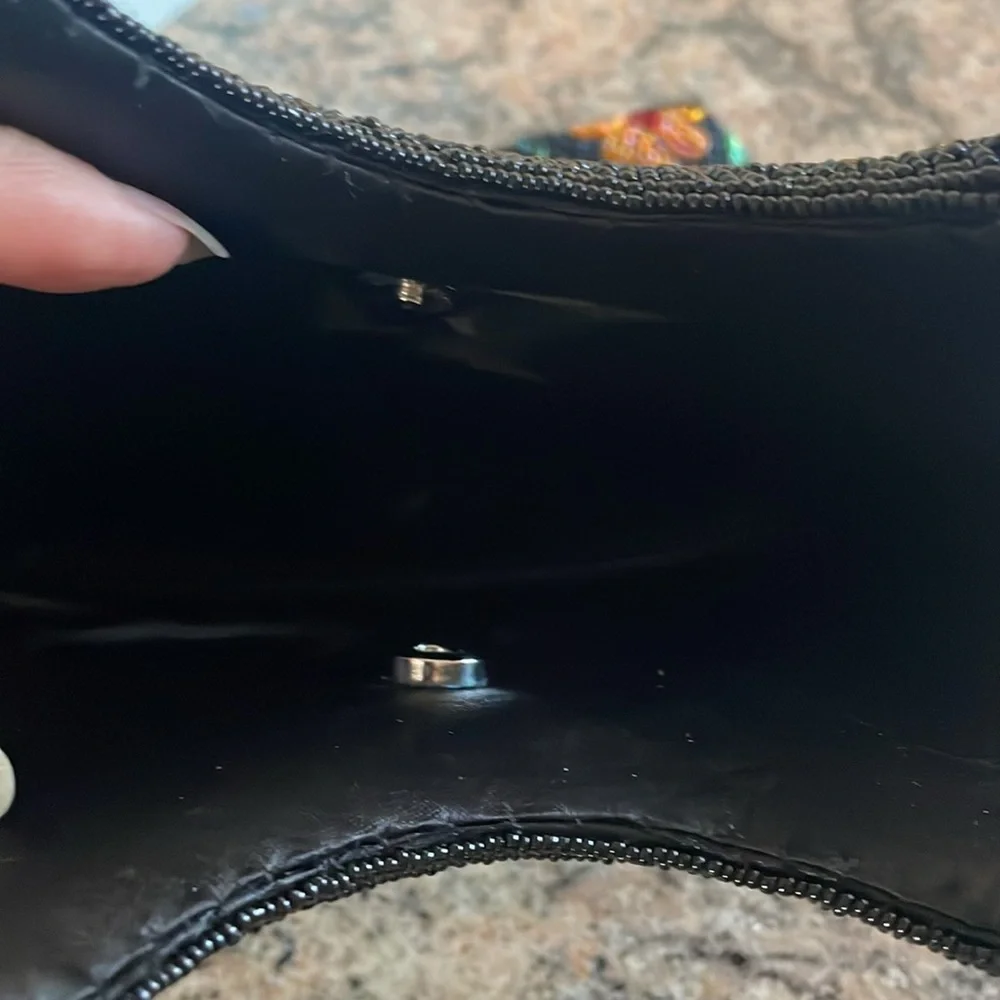 Black Beaded Floral Tote Bag with Round Handles